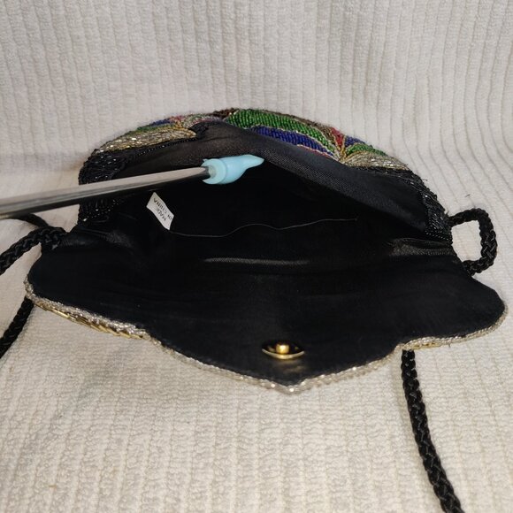 Vintage 70\'s Evening Heart Tube Beaded Purse Black Gold Red Blue Pre Owned